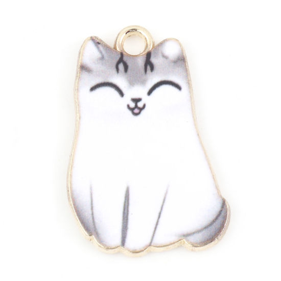 Immagine di Lega di Zinco Charms Gatto Oro Placcato Bianco Animale Smalto 25mm x 17mm , 10 Pz