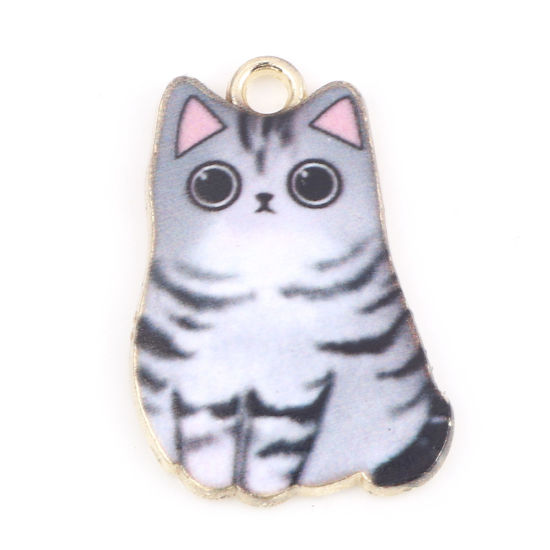 Immagine di Lega di Zinco Charms Gatto Oro Placcato Grigio Animale Smalto 25mm x 17mm , 10 Pz