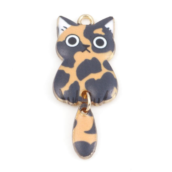 Image de Pendentifs en Alliage de Zinc Chat Doré Noir & Orange Animal Émail 3.9cm x 1.6cm, 10 Pcs
