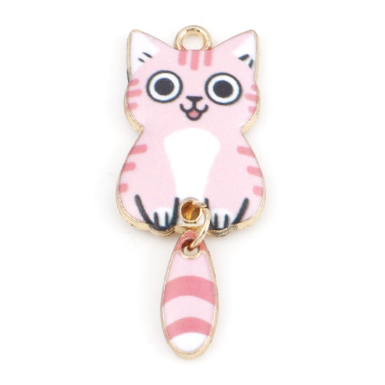 Image de Pendentifs en Alliage de Zinc Chat Doré Rose Animal Émail 3.9cm x 1.6cm, 10 Pcs