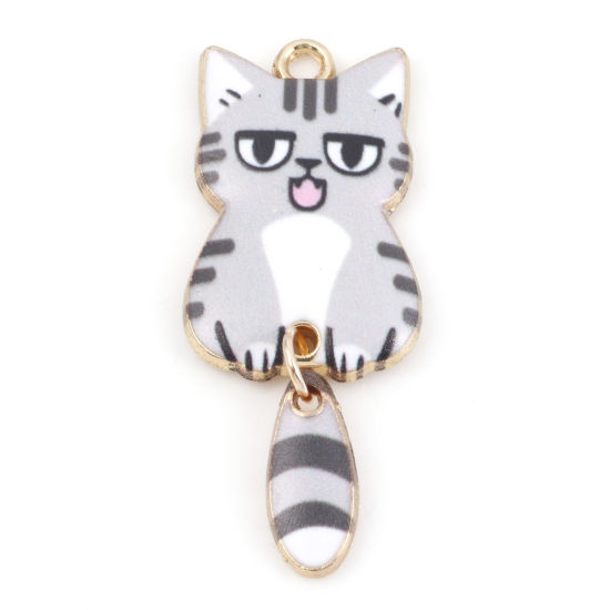 Image de Pendentifs en Alliage de Zinc Chat Doré Gris Animal Émail 3.9cm x 1.6cm, 10 Pcs