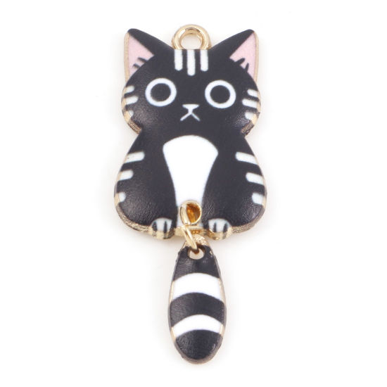Image de Pendentifs en Alliage de Zinc Chat Doré Noir & Blanc Animal Émail 3.9cm x 1.6cm, 10 Pcs