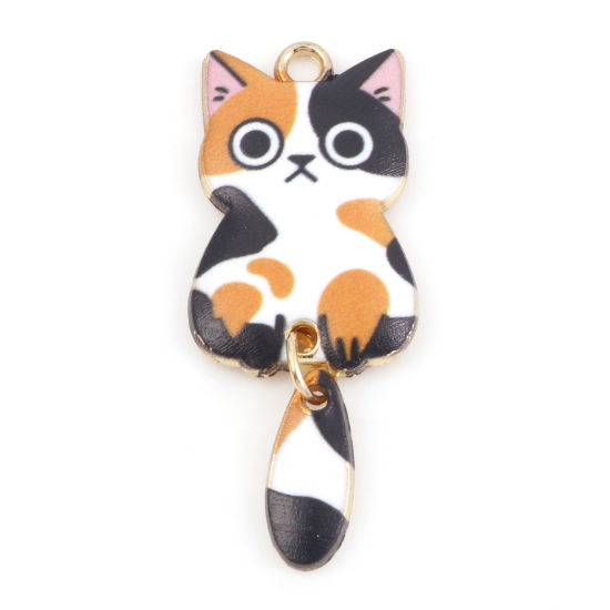 Image de Pendentifs en Alliage de Zinc Chat Doré Multicolore Animal Émail 3.9cm x 1.6cm, 10 Pcs