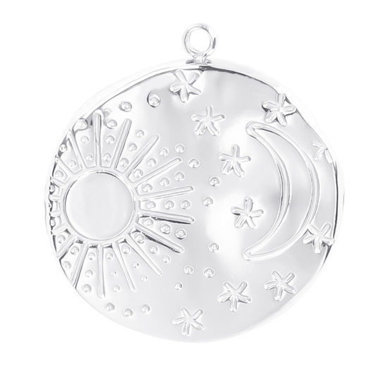 Picture of 304 Stainless Steel Charms Silver Tone Round Sun Textured 23mm x 21mm, 1 Piece