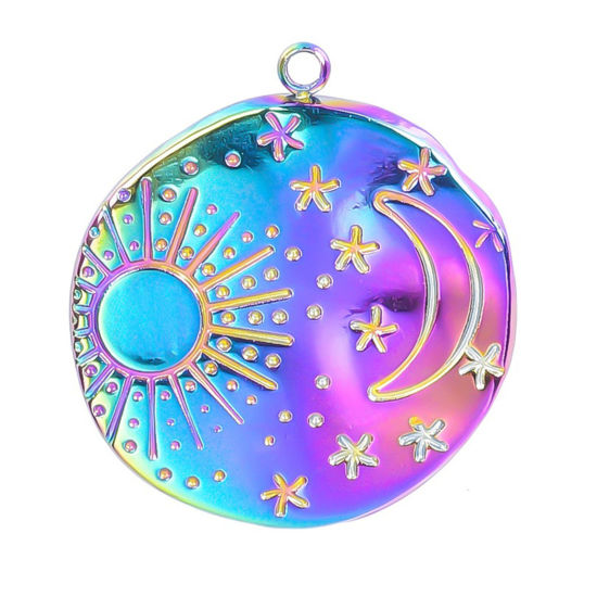 Picture of 1 Piece Eco-friendly PVD Vacuum Plating 304 Stainless Steel Charms Rainbow Color Plated Round Sun Textured 23mm x 21mm