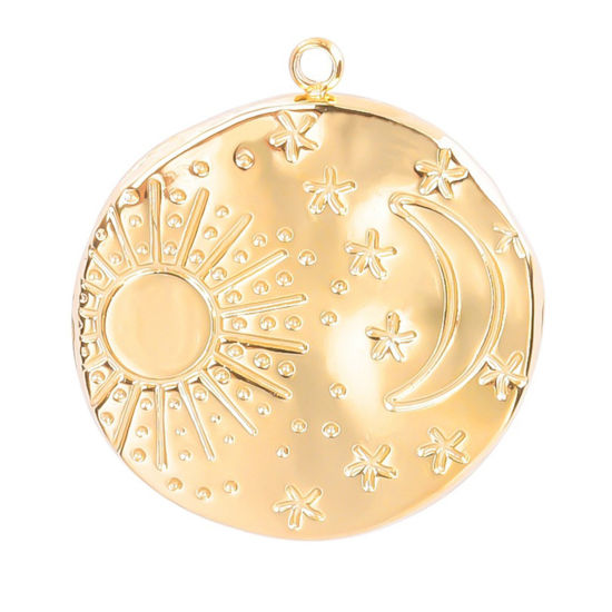 Picture of 1 Piece Eco-friendly PVD Vacuum Plating 304 Stainless Steel Charms Gold Plated Round Sun Textured 23mm x 21mm