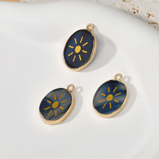 Picture of (Grade B) Agate ( Natural Dyed ) Charms Oval Gold Plated Blue Sun 24mm x 16mm, 1 Piece
