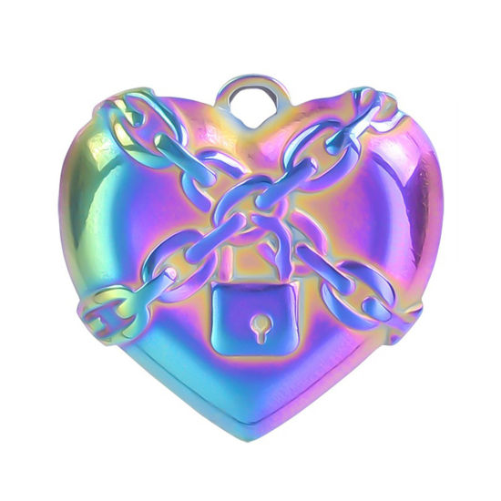 Изображение 1 ШТ Экологичное вакуумное PVD-покрытие 304 Нержавеющая Сталь Подвески Сердце Цвет радуги с покрытием Замок 20мм x 20мм