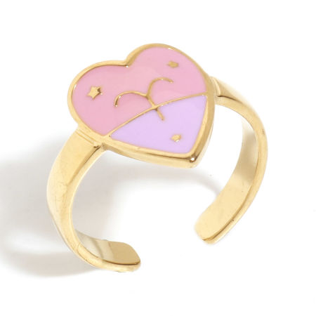 Picture of 1 Piece Vacuum Plating 304 Stainless Steel Valentine's Day Open Rings Gold Plated Pink & Purple Heart Aries Sign Of Zodiac Constellations Enamel 17.3mm(US Size 7)