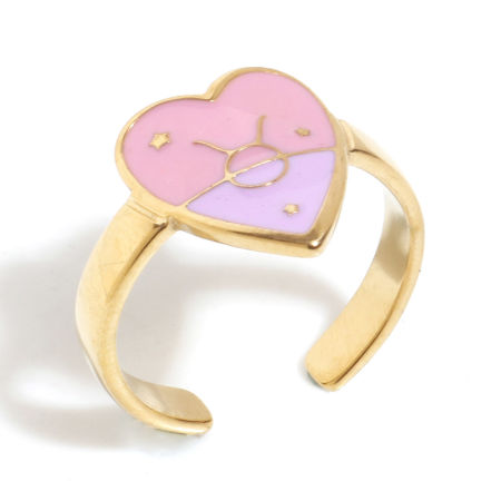 Picture of 1 Piece Vacuum Plating 304 Stainless Steel Valentine's Day Open Rings Gold Plated Pink & Purple Heart Taurus Sign Of Zodiac Constellations Enamel 17.3mm(US Size 7)