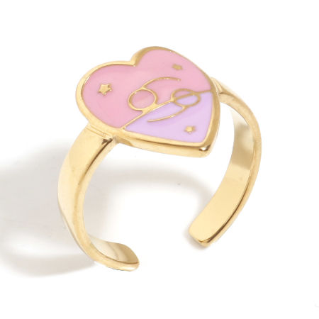 Picture of 1 Piece Vacuum Plating 304 Stainless Steel Valentine's Day Open Rings Gold Plated Pink & Purple Heart Cancer Sign Of Zodiac Constellations Enamel 17.3mm(US Size 7)