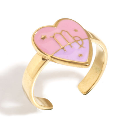 Picture of 1 Piece Vacuum Plating 304 Stainless Steel Valentine's Day Open Rings Gold Plated Pink & Purple Heart Virgo Sign Of Zodiac Constellations Enamel 17.3mm(US Size 7)