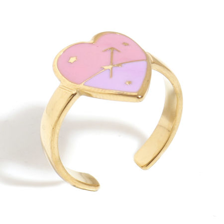 Picture of 1 Piece Vacuum Plating 304 Stainless Steel Valentine's Day Open Rings Gold Plated Pink & Purple Heart Sagittarius Sign Of Zodiac Constellations Enamel 17.3mm(US Size 7)