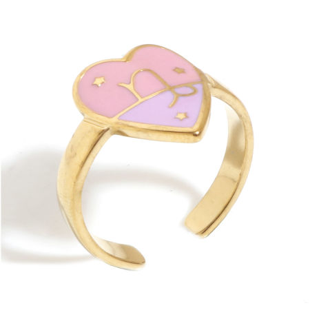 Picture of 1 Piece Vacuum Plating 304 Stainless Steel Valentine's Day Open Rings Gold Plated Pink & Purple Heart Capricornus Sign Of Zodiac Constellations Enamel 17.3mm(US Size 7)