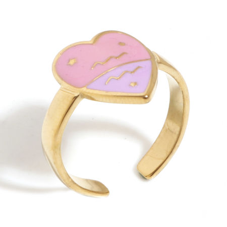 Picture of 1 Piece Vacuum Plating 304 Stainless Steel Valentine's Day Open Rings Gold Plated Pink & Purple Heart Aquarius Sign Of Zodiac Constellations Enamel 17.3mm(US Size 7)