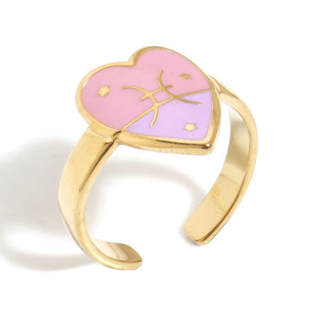 Picture of 1 Piece Vacuum Plating 304 Stainless Steel Valentine's Day Open Rings Gold Plated Pink & Purple Heart Pisces Sign Of Zodiac Constellations Enamel 17.3mm(US Size 7)