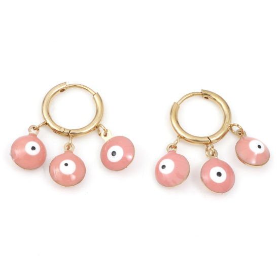 Picture of 1 Pair Vacuum Plating 304 Stainless Steel Religious Hoop Earrings Gold Plated White & Pink Round Evil Eye Enamel 26mm x 22mm, Post/ Wire Size: (18 gauge)