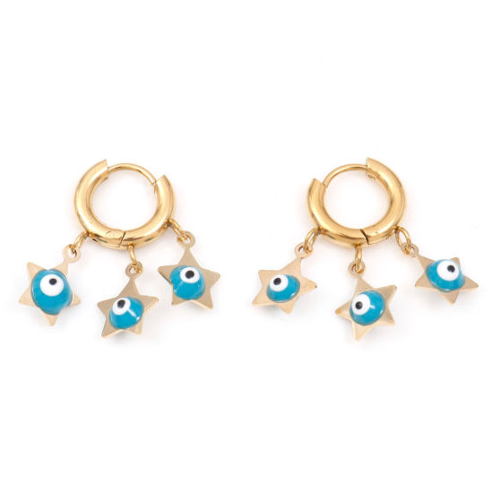 Picture of 1 Pair Vacuum Plating 304 Stainless Steel Religious Hoop Earrings Gold Plated White & Blue Pentagram Star Evil Eye Enamel 26mm x 22mm, Post/ Wire Size: (18 gauge)