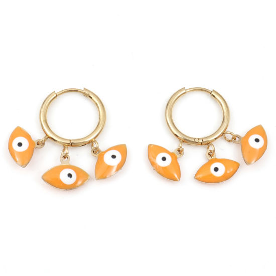 Picture of 1 Pair Vacuum Plating 304 Stainless Steel Religious Hoop Earrings Gold Plated White & Orange Marquise Evil Eye Enamel 26mm x 25mm, Post/ Wire Size: (18 gauge)