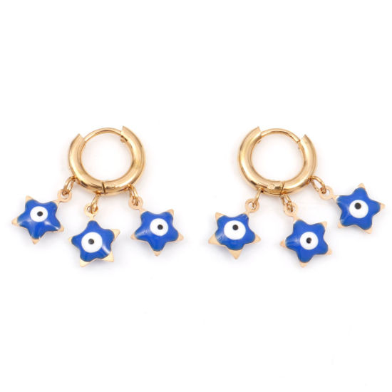 Picture of 1 Pair Vacuum Plating 304 Stainless Steel Religious Hoop Earrings Gold Plated White & Blue Pentagram Star Evil Eye Enamel 25mm x 21mm, Post/ Wire Size: (18 gauge)