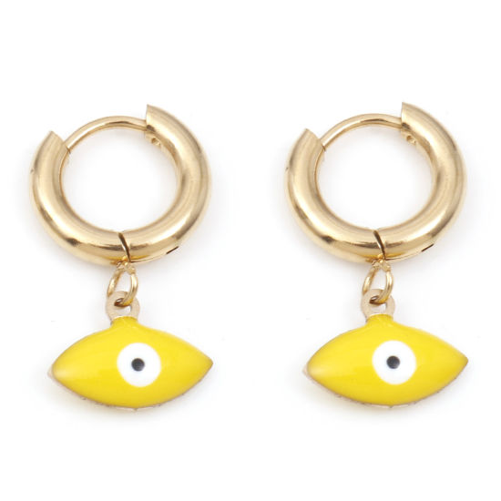 Picture of 1 Pair Vacuum Plating 304 Stainless Steel Religious Hoop Earrings Gold Plated White & Yellow Marquise Evil Eye Enamel 25mm x 13mm, Post/ Wire Size: (18 gauge)