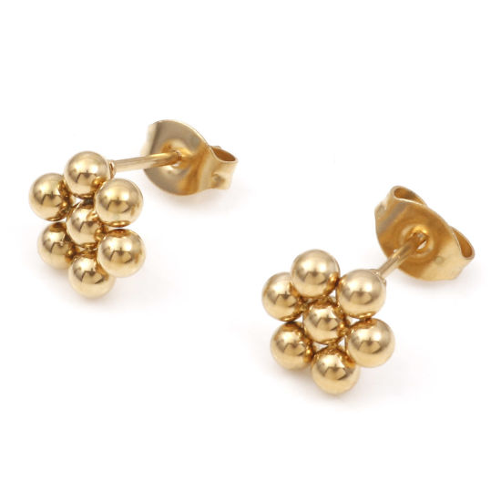 Picture of 1 Pair Vacuum Plating 304 Stainless Steel Ear Post Stud Earrings Gold Plated Flower 9mm x 8mm, Post/ Wire Size: (20 gauge)