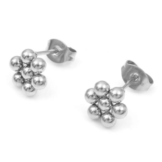 Picture of 304 Stainless Steel Ear Post Stud Earrings Silver Tone Flower 9mm x 8mm, Post/ Wire Size: (20 gauge), 1 Pair