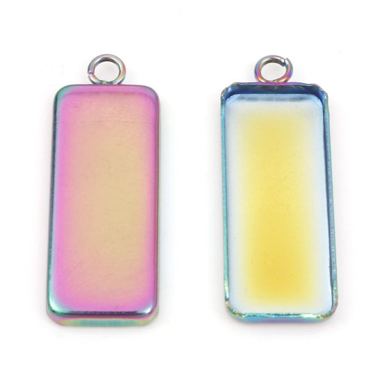 Picture of 10 PCs 304 Stainless Steel Cabochon Settings Pendants Rectangle Rainbow Color Plated (Fits 25mmx10mm) 3cm x 1.1cm