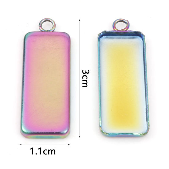 Picture of 10 PCs 304 Stainless Steel Cabochon Settings Pendants Rectangle Rainbow Color Plated (Fits 25mmx10mm) 3cm x 1.1cm