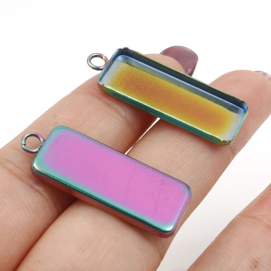 Picture of 10 PCs 304 Stainless Steel Cabochon Settings Pendants Rectangle Rainbow Color Plated (Fits 25mmx10mm) 3cm x 1.1cm