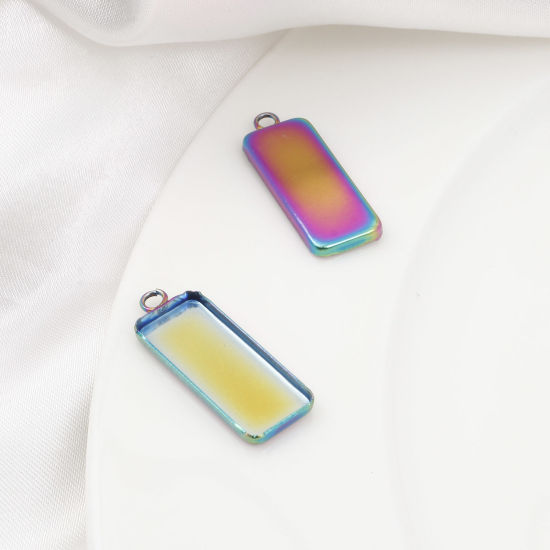 Picture of 10 PCs 304 Stainless Steel Cabochon Settings Pendants Rectangle Rainbow Color Plated (Fits 25mmx10mm) 3cm x 1.1cm