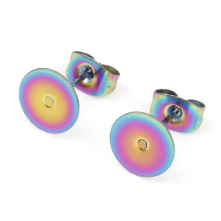 Image de Boucles d'Oreilles Puces en 304 Acier Inoxydable Disque Plaqué de Couleur Arc-en-ciel Coller sur (Adapté à 8mm Dia ) 8mm Dia., Epaisseur de Fil: (21 gauge), 10 Pcs