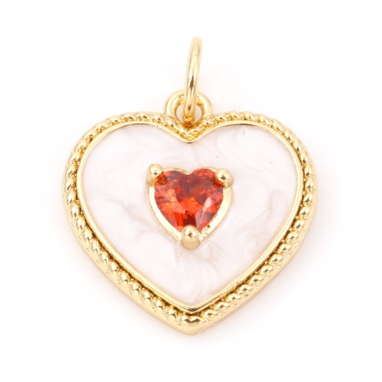 Picture of Brass Valentine's Day Charms 18K Real Gold Plated Heart Micro Pave Clear & Red Rhinestone 18mm x 15mm, 1 Piece