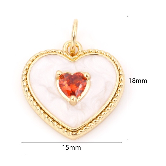 Picture of Brass Valentine's Day Charms 18K Real Gold Plated Heart Micro Pave Clear & Red Rhinestone 18mm x 15mm, 1 Piece