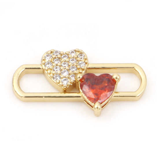 Picture of Brass Valentine's Day Charms 18K Real Gold Plated Paper Clip Heart Micro Pave Clear & Red Rhinestone 20mm x 11mm, 1 Piece