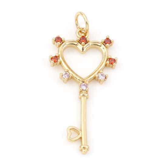 Picture of Brass Valentine's Day Charms 18K Real Gold Plated Key Heart Micro Pave Light Pink Rhinestone 3.2cm x 1.4cm, 1 Piece