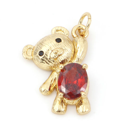 Picture of Brass Charms 18K Real Gold Plated Bear Animal Micro Pave Red Rhinestone 24mm x 14mm, 1 Piece