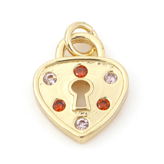Picture of Brass Valentine's Day Charms 18K Real Gold Plated Lock Heart Micro Pave Red Rhinestone 14mm x 10mm, 1 Piece