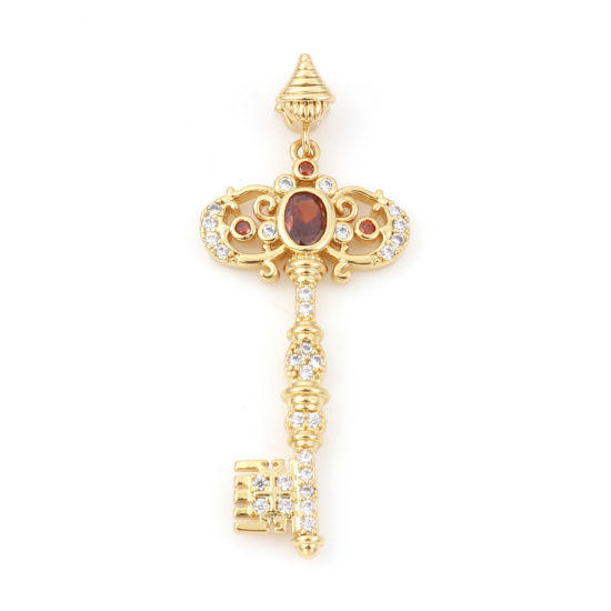 Picture of 1 Piece Brass Pendants 18K Real Gold Plated Orange-red Key Micro Pave Clear Rhinestone 3.6cm x 1.4cm