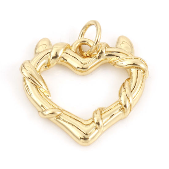 Picture of Brass Valentine's Day Charms 18K Real Gold Plated Heart Micro Pave 19mm x 17mm, 1 Piece