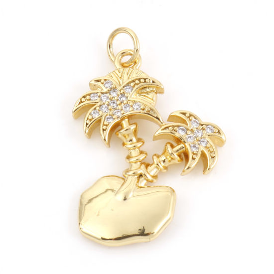 Picture of Brass Charms 18K Real Gold Plated Coconut Palm Tree Micro Pave Clear Rhinestone 28mm x 18mm, 1 Piece