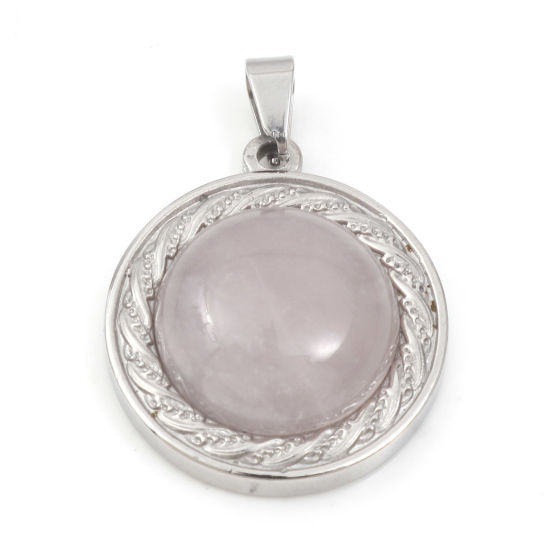 Image de Breloques en 304 Acier Inoxydable & Quartz Rose Rond Argent Mat Rose Clair 30mm x 21.5mm , 1 Pièce