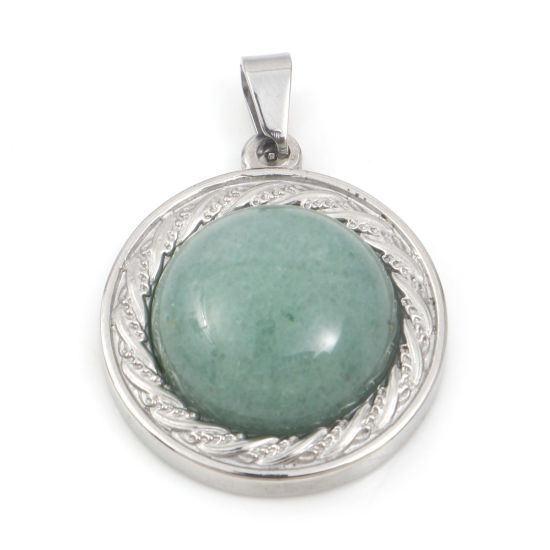 Image de Breloques en 304 Acier Inoxydable & Aventurine Rond Argent Mat Vert 30mm x 21.5mm , 1 Pièce