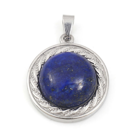 Image de Breloques en 304 Acier Inoxydable & Lapis-Lazuli Rond Argent Mat Bleu Foncé 30mm x 21.5mm , 1 Pièce