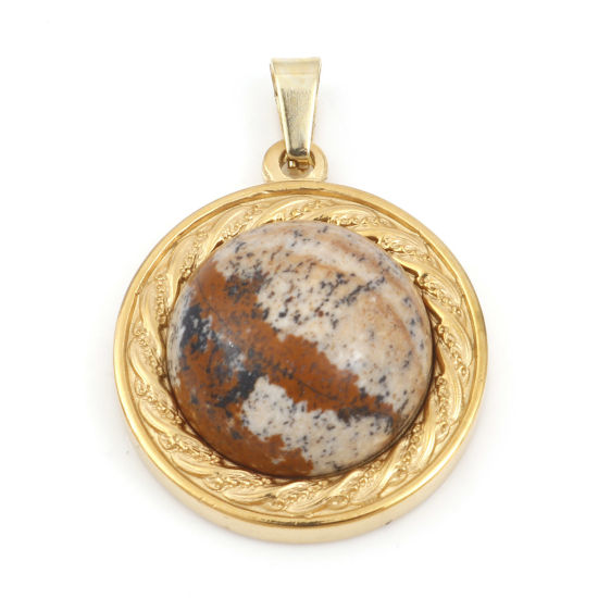 Bild von 1 Stück Vakuumbeschichtung Stein Charms Rund Vergoldet Braun 30mm x 21.5mm