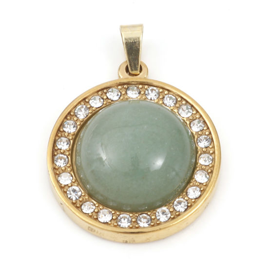 Immagine di 1 Pz Placcatura Sottovuoto Tanglin Giada Ciondoli Tondo Oro Placcato Verde Trasparente Strass 30mm x 21.5mm