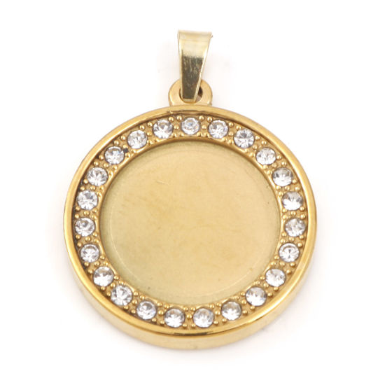 Immagine di 1 Pz Placcatura Sottovuoto PVD Ecologica 304 Acciaio Inossidabile Ciondoli Oro Placcato Tondo Disco Basi per Cabochon (Adatto 15mm) Trasparente Strass 30mm x 21.5mm