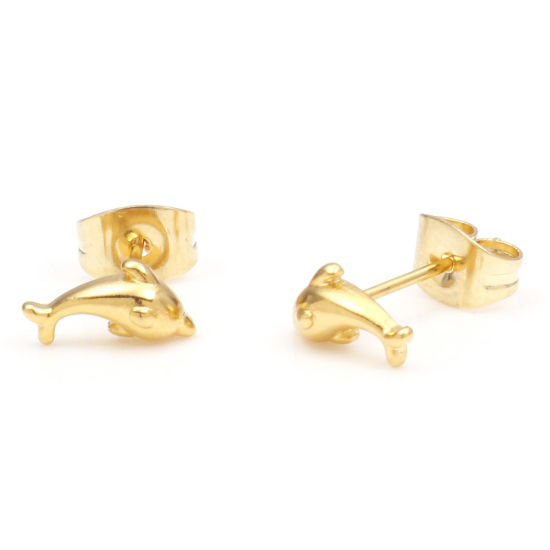Picture of 1 Pair Vacuum Plating 304 Stainless Steel Ocean Jewelry Ear Post Stud Earrings Gold Plated Dolphin Animal 9mm x 4mm, Post/ Wire Size: (21 gauge)