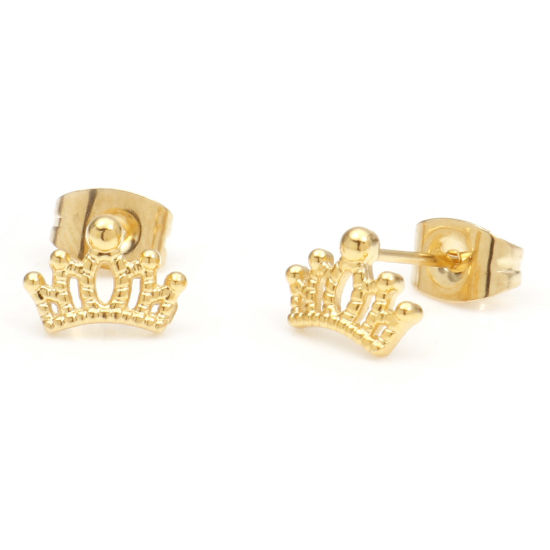 Picture of 1 Pair Vacuum Plating 304 Stainless Steel Stylish Ear Post Stud Earrings Gold Plated Crown 9mm x 6mm, Post/ Wire Size: (21 gauge)