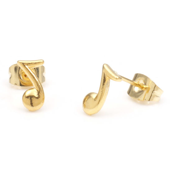 Picture of 1 Pair Vacuum Plating 304 Stainless Steel Music Ear Post Stud Earrings Gold Plated Musical Note 8.5mm x 4.5mm, Post/ Wire Size: (21 gauge)